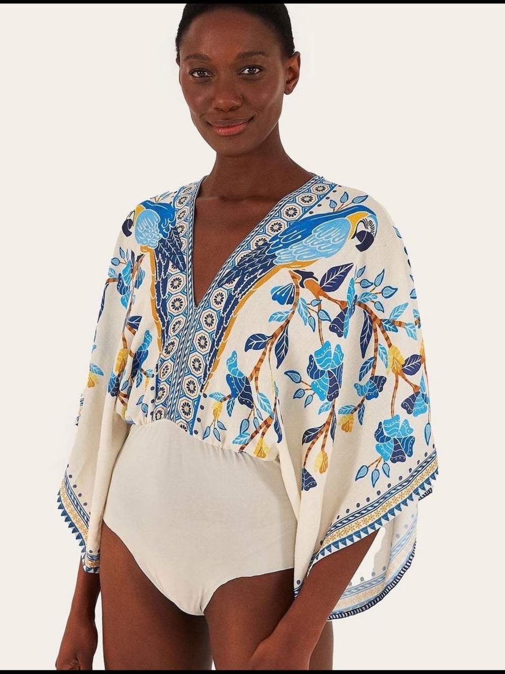 Floral V-Neck Boho Top in Cream and Blue